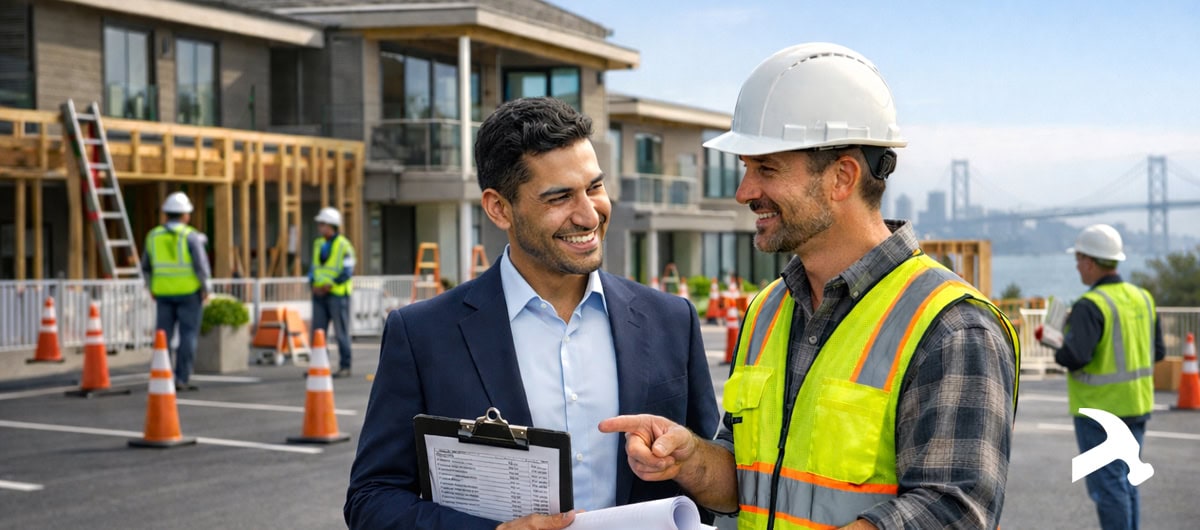 Property manager and construction manager talking in front of a mulitfamily project
