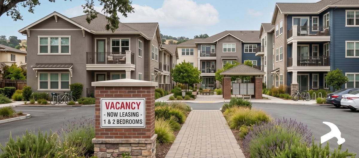 Apartment complex with vacancy sign